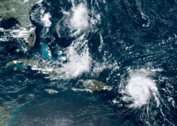 This GOES-16 satellite image taken Tuesday, Aug. 28, 209, at 17:20 UTC and provided by National Oceanic and Atmospheric Administration (NOAA), shows Dorian, a Category 1 hurricane, crossing over the U.S. and British Virgin Islands. Forecasters say it could grow to Category 3 status as it nears the U.S. mainland as early as the weekend.  (NOAA via AP)