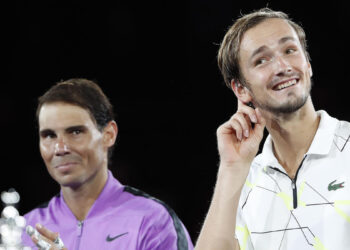 Sep 8, 2019; Flushing, NY, USA; Daniil Medvedev of Russia reacts to crowd applause the trophy ceremony after his match against Rafael Nadal of Spain (L) in the men’s singles final on day fourteen of the 2019 US Open tennis tournament at USTA Billie Jean King National Tennis Center. Mandatory Credit: Geoff Burke-USA TODAY Sports