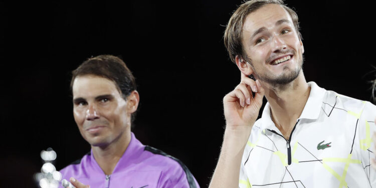 Sep 8, 2019; Flushing, NY, USA; Daniil Medvedev of Russia reacts to crowd applause the trophy ceremony after his match against Rafael Nadal of Spain (L) in the men’s singles final on day fourteen of the 2019 US Open tennis tournament at USTA Billie Jean King National Tennis Center. Mandatory Credit: Geoff Burke-USA TODAY Sports