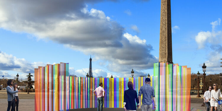 Cloudy day at the place de la Concorde with the Obelisk and Eiffel tower, in Paris, France.