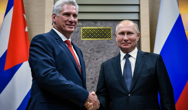 Russian President Vladimir Putin meets with his Cuban counterpart Miguel Diaz-Canel at the Novo-Ogaryovo state residence outside Moscow on October 29, 2019. (Photo by Alexander NEMENOV / POOL / AFP)