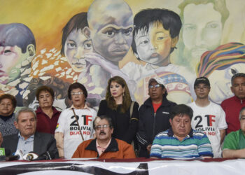 Bolivian members of the National Comite for Democracy Defense (CONADE), Waldo ALbarracin (2nd L) and Rolando Villena speak during a press conference calling bolivian people to protest in defense of democracy, in La Paz, on October 27, 2019. - An important platform that articulates the regional civic committees (Conade), raised on Sunday the annulment of the controversial general elections in Bolivia, won by President Evo Morales in the first round, and called for the convening of other elections with a new electoral tribunal. (Photo by AIZAR RALDES / AFP)