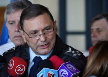 Chilean Air Force General Commander Arturo Merino speaks during a press conference about the Chilean Air Force C-130 Hercules cargo plane that went missing in the sea between the southern tip of South America and Antarctica Monday, at the Chabunco Military base in Punta Arenas, Chile, on December 10, 2019. - Rescue planes and ships on Tuesday searched the open sea between the southern tip of South America and Antarctica for a Chilean Air Force plane that went missing with 38 people aboard. (Photo by Pablo COZZAGLIO / AFP)