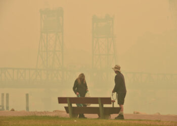 Tourists walk through dense smoke from bushfires in front of the Batemans Bay bridge as cars line up to leave the town in New South Wales to head north on January 2, 2020. - A major operation to move people stranded in fire-ravaged seaside towns was under way in Australia on January 2 after deadly bushfires ripped through popular tourist spots and rural areas leaving at least eight people dead. (Photo by PETER PARKS / AFP)