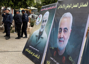 Pictures of Iranian Major-General Qassem Soleimani are seen during a protest against the killing of Soleimani, in Gaza January 4, 2020. REUTERS/Mohammed Salem