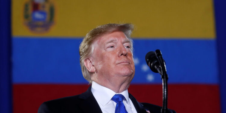 U.S. President Donald Trump speaks about the crisis in Venezuela during a visit to Florida International University in Miami, Florida, U.S., February 18, 2019.   REUTERS/Kevin Lamarque