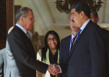 Venezuela's President Nicolas Maduro shakes hands with Russia's Foreign Minister Sergey Lavrov at the Miraflores Palace in Caracas, Venezuela February 7, 2020. REUTERS/Manaure Quintero