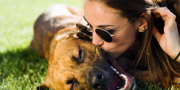 Portrait of beautiful young woman playing with her dog in the park.