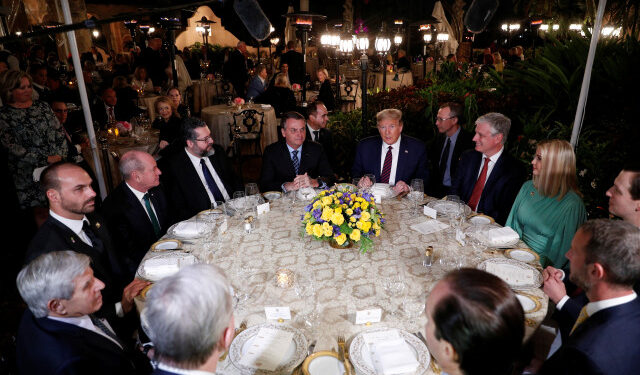 U.S. President Donald Trump hosts a working dinner with Brazilian President Jair Bolsonaro at the Mar-a-Lago resort in Palm Beach, Florida, U.S., March 7, 2020. REUTERS/Tom Brenner