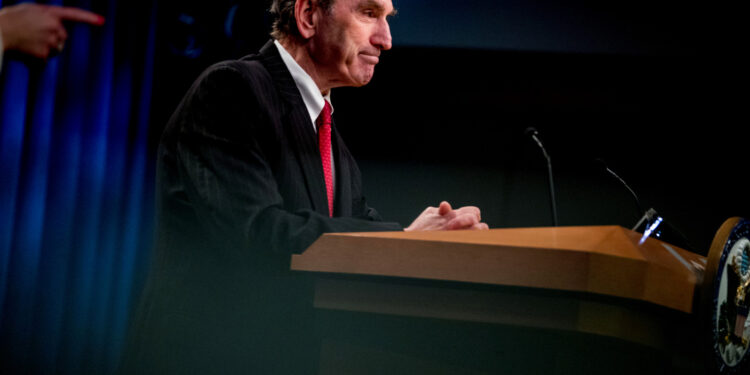 Special Representative for Venezuela Elliott Abrams attends a news conference at the State Department, in Washington, U.S., March 31, 2020. Andrew Harnik/ Pool via REUTERS