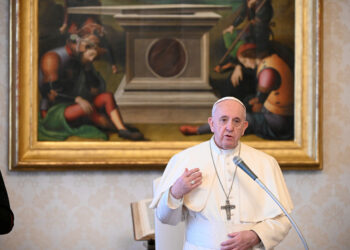 Pope Francis holds weekly general audience virtually from the Library of the Apostolic Palace due to the outbreak of the coronavirus disease (COVID-19), at the Vatican April 15, 2020. Vatican Media/­Handout via REUTERS    ATTENTION EDITORS - THIS IMAGE WAS PROVIDED BY A THIRD PARTY.