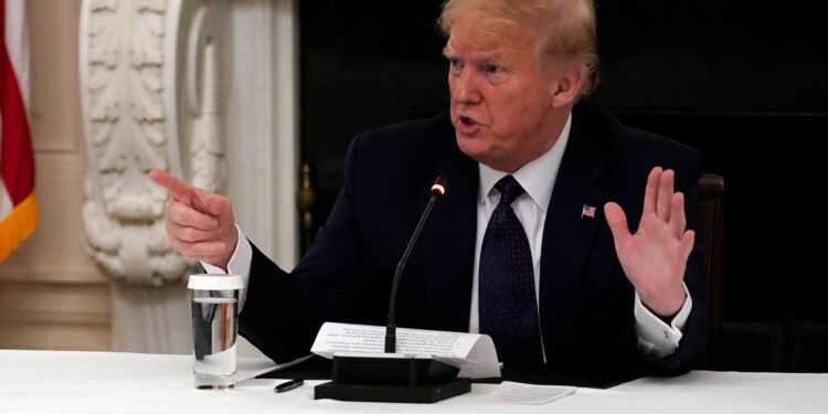 President Donald Trump tells reporters that he is taking zinc and hydroxychloroquine during a meeting with restaurant industry executives about the coronavirus response, in the State Dining Room of the White House, Monday, May 18, 2020, in Washington. (AP Photo/Evan Vucci)