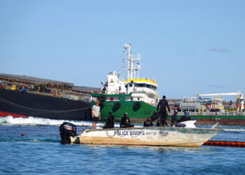 A general view shows the rescue mission at the bulk carrier ship MV Wakashio, belonging to a Japanese company but Panamanian-flagged, ran aground on a reef, at the Riviere des Creoles, Mauritius August 12, 2020. REUTERS/Reuben Pillay  NO RESALES. NO ARCHIVES