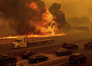 Flames from the LNU Lightning Complex fires jump Interstate 80 in Vacaville, Calif., Wednesday, Aug. 19, 2020. The highway was closed in both directions shortly afterward. Fire crews across the region scrambled to contain dozens of wildfires sparked by lightning strikes as a statewide heat wave continues. (AP Photo/Noah Berger)