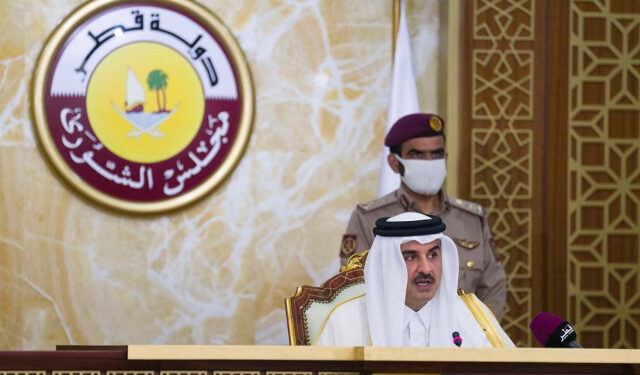 Qatar's ruler, Emir Sheikh Tamim bin Hamad al-Thani, gives a speech to the Shura Council in Doha, Qatar, November 3, 2020.  Qatar News Agency/Handout via REUTERS ATTENTION EDITORS - THIS PICTURE WAS PROVIDED BY A THIRD PARTY.