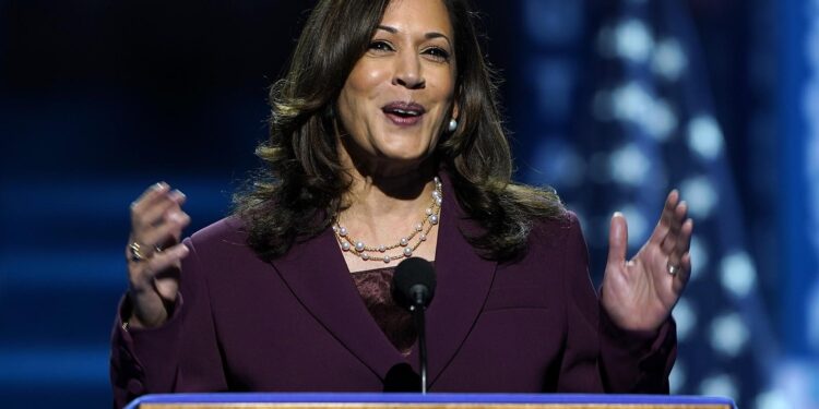 Democratic vice presidential candidate Sen. Kamala Harris, D-Calif., speaks during the third day of the Democratic National Convention, Wednesday, Aug. 19, 2020, at the Chase Center in Wilmington, Del. (AP Photo/Carolyn Kaster)