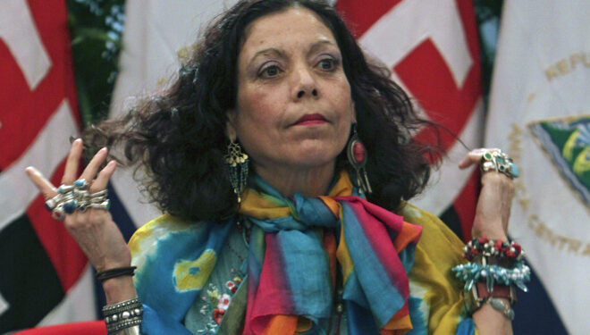 Rosario Murillo, Nicaragua's first lady gestures during a press conference in Managua, Nicaragua, Saturday, Oct. 29, 2011. AP Photo/Miguel Alvarez)