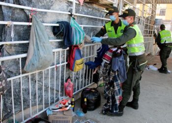 Policías de Colombia realizan inspecciones a ciudadanos venezolanos que incumplen con las medidas de restricción de movilidad. EFE/ Mario Caicedo