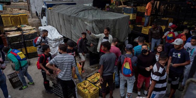 VENEZUELA ECONOMÍA***AME560. CARACAS (VENEZUELA), 21/01/2021.- Personas que se dedican a obtener productos mediante trueque con plátanos trabajan en un galpón ubicado en Catia, el 18 de enero de 2021 en Caracas (Venezuela). Como si de un deporte extremo se tratase, Bryan, Samuel y Alexandra caminan las empinadas calles del barrio caraqueño de Catia con una cesta a cuestas cargada con plátanos. El objetivo: intercambiarlos por productos que luego venderán para poder sobrevivir en medio de la severa crisis económica venezolana. El trueque del siglo XXI. EFE/RAYNER PEÑA R