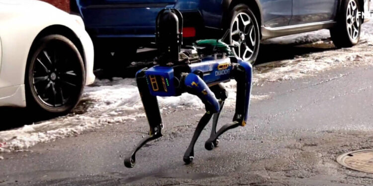 Perro robótico NY. Foto de archivo.
