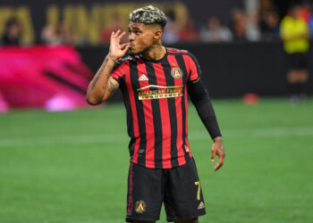 Aug 3, 2019; Atlanta, GA, USA; Atlanta United forward Josef Martinez (7) reacts after scoring a goal on a penalty kick against Los Angeles Galaxy during the second half at Mercedes-Benz Stadium. Mandatory Credit: Dale Zanine-USA TODAY Sports