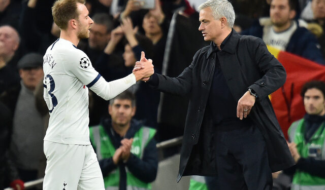 Tottenham Hotspur's Portuguese head coach Jose Mourinho (R) congratulates Tottenham Hotspur's Danish midfielder Christian Eriksen after the UEFA Champions League Group B football match between Tottenham Hotspur and Olympiakos at the Tottenham Hotspur Stadium in north London, on November 26, 2019. - Tottenham won the match 4-2. (Photo by Glyn KIRK / IKIMAGES / AFP)