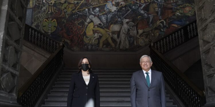 Vice President Kamala Harris poses for a photo with Mexican President Andres Manuel Lopez Obrador, Tuesday, June 8, 2021, at the Presidential Palace in Mexico City. (AP Photo/Jacquelyn Martin)