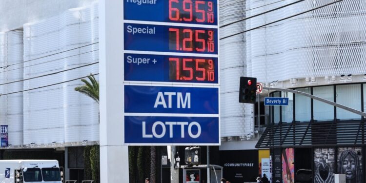 LOS ANGELES, CALIFORNIA - MARCH 07: High gas prices are displayed at a Mobil station across the street from the Beverly Center on March 7, 2022 in Los Angeles, California. The average price of one gallon of regular self-service gasoline rose to a record $5.429 yesterday in Los Angeles County amid the Russian invasion of Ukraine. (Photo by Mario Tama/Getty Images)