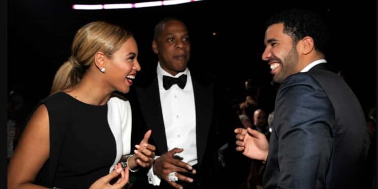Drake, Jay-Z y Beyoncé. Foto de archivo.