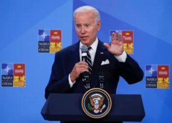 El presidente de los Estados Unidos, Joe Biden, durante la rueda de prensa ofrecida en la segunda jornada de la cumbre de la OTAN que se celebra este jueves en el recinto de Ifema, en Madrid. EFE. Juan Carlos Hidalgo