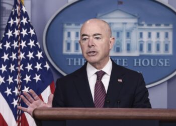 WASHINGTON, DC - SEPTEMBER 24: U.S. Homeland Security Secretary Alejandro Mayorkas gestures as he speaks at a press briefing at the White House on September 24, 2021 in Washington, DC. Mayorkas announced that the influx of Haitian immigrants camped under the bridge in Del Rio, Texas had been cleared. (Photo by Anna Moneymaker/Getty Images)