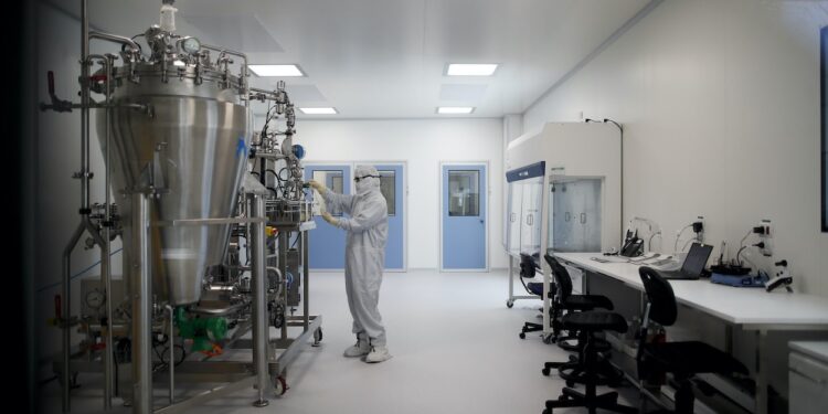 A laboratory technician works at the mAbxience biopharmaceutical company in Garin, Argentina, Friday, Aug. 14, 2020. Under an agreement between Argentina and Mexico announced this week, the company is going to make an experimental coronavirus vaccine developed by Oxford University and the laboratory AstraZeneca, and if approved the vaccine will be distributed in Latin America.  (AP Photo/Natacha Pisarenko)