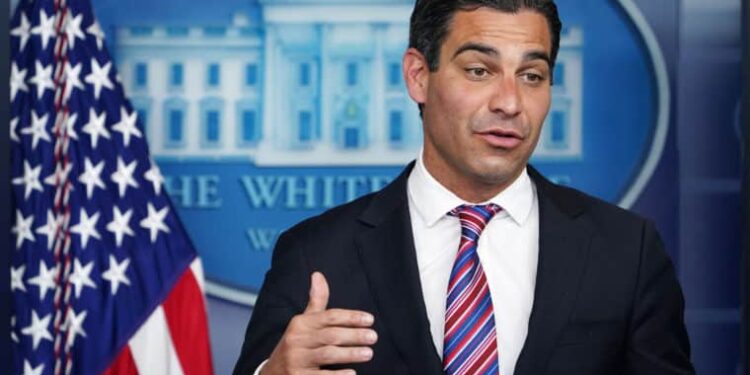 Miami Mayor Francis Suarez speaks during the daily briefing in the Brady Briefing Room of the White House in Washington, DC on February 12, 2021. - Suarez and a group of bipartisan governors and mayors met with US President Joe Biden earlier on Covid relief. (Photo by MANDEL NGAN / AFP) (Photo by MANDEL NGAN/AFP via Getty Images)