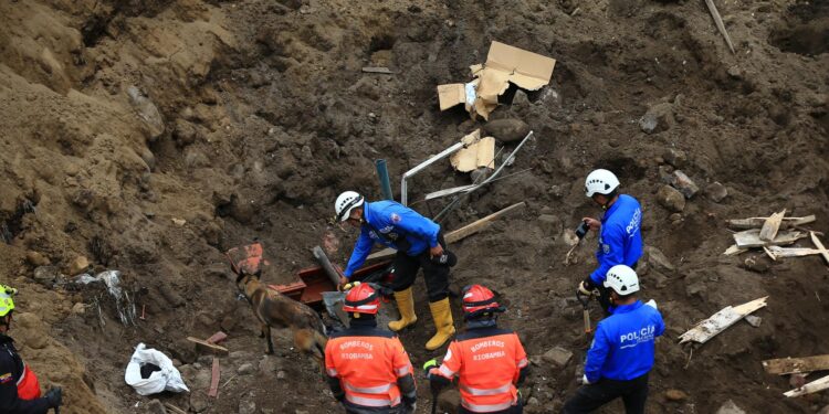 AME6858. ALAUSÍ (ECUADOR), 28/03/2023.- Rescatistas buscan hoy a las víctimas del alud, en Alausí (Ecuador). De momento se han confirmado siete muertos por el deslizamiento de tierra mientras que el número de desaparecidos asciende a 64, según el último reporte de la Secretaría Nacional de Riesgos, que en un inicio reportó erróneamente dieciséis víctimas mortales. EFE/ José Jácome