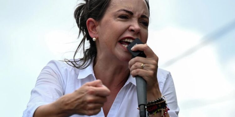 La opositora venezolana María Corina Machado discursa durante un mitin en la población de El Sombrero, Guárico, el 21 de julio © Federico PARRA / AFP