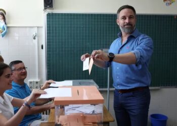 President of far-right party VOX Santiago Abascal poses for pictures before casting his ballot during Spain's general election, in Pinar del Rey, on the outskirts of Madrid, on July 23, 2023. Spain votes today on whether to hand Socialist Prime Minister Pedro Sanchez a fresh four-year mandate or, as polls suggest, bring the right back to power with its far-right ally. (Photo by Thomas COEX / AFP)