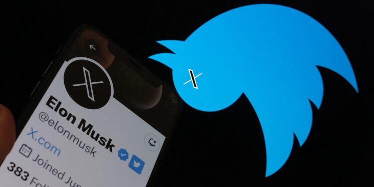 This illustration photo taken on July 24, 2023 shows the Twitter bird logo upside down in the background of Elon Musks screen advertising an "X" as a replacement logo, in Los Angeles. Elon Musk killed off the Twitter logo on July 24, 2023, replacing the world-recognized blue bird with a white X as the tycoon accelerates his efforts to transform the floundering social media giant. Musk and the company's new chief executive Linda Yaccarino announced the rebranding on July 23, 2023, scrapping one of technology's most iconic brands in the latest shock move since the tycoon took over Twitter nine months ago. (Photo by Chris Delmas / AFP)