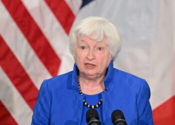 (FILES) In this file photo taken on June 22, 2023 Treasury Secretary Janet Yellen delivers remarks during a press conference at the US embassy, ahead of the Global Climate Finance conference, in Paris on June 22, 2023. Treasury Secretary Janet Yellen is set to visit Beijing this week, the United States confirmed July 2, 2023, marking the second trip by a cabinet official to China since ties deteriorated earlier this year (Photo by STEFANO RELLANDINI / AFP)