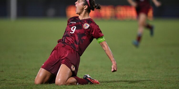 Venezuela's Deyna Castellanos celebrates after scoring against Uruguay during a friendly match ahead of the Santiago 2023 Pan American Games at the Olympic Stadium of the Central University of Venezuela (UCV) in Caracas on September 25, 2023. (Photo by YURI CORTEZ / AFP)