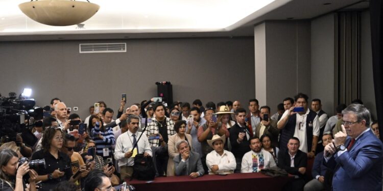 Former Mexican Foreign Minister and presidential pre-candidate for the Morena party, Marcelo Ebrard, delivers a statement before an event where the ruling party will announce its candidate for next year's election in Mexico City on September 6, 2023. Former Mexican Foreign Minister Marcelo Ebrard called on Wednesday for a repeat of the poll carried out by the ruling party to choose its presidential candidate, reporting several "significant irregularities". (Photo by ALFREDO ESTRELLA / AFP)