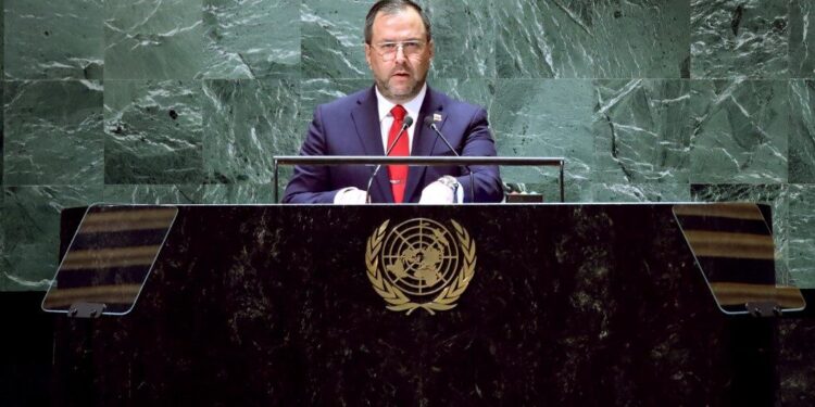 Venezuelan Foreign Minister Yvan Gil Pinto addresses the 78th United Nations General Assembly at UN headquarters in New York City on September 23, 2023. (Photo by Leonardo Munoz / AFP)