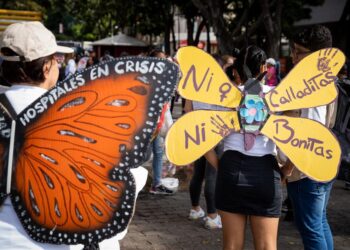 Mujeres participan en la "Caminata de las Mariposas" para conmemorar el Día Internacional de la Eliminación de la Violencia Contra la Mujer hoy, en Caracas (Venezuela). Centenares de venezolanos, ataviados con atuendos que simulaban alas de mariposas, marcharon este sábado en Caracas, capital de Venezuela, para rechazar la violencia en contra de las mujeres y exigir el fin de prácticas machistas excluyentes. EFE/ Rayner Peña R.