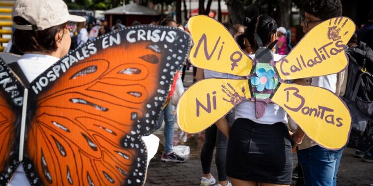 Mujeres participan en la "Caminata de las Mariposas" para conmemorar el Día Internacional de la Eliminación de la Violencia Contra la Mujer hoy, en Caracas (Venezuela). Centenares de venezolanos, ataviados con atuendos que simulaban alas de mariposas, marcharon este sábado en Caracas, capital de Venezuela, para rechazar la violencia en contra de las mujeres y exigir el fin de prácticas machistas excluyentes. EFE/ Rayner Peña R.