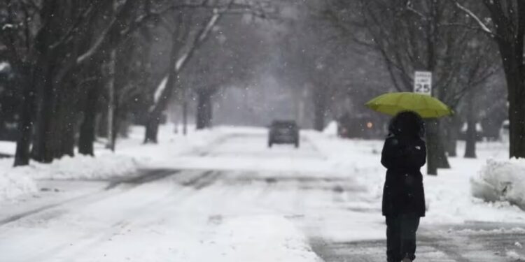 Una mujer camina con un paraguas durante un día de nieve en Wheeling, Illinois, el viernes 12 de enero de 2024