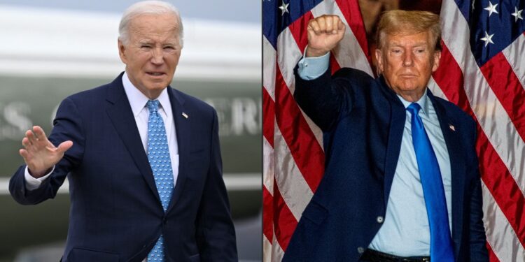 (COMBO) This combination of pictures created on March 06, 2024 shows US President Joe Biden in Maryland, on January 30, 2024 and former US president and 2024 presidential candidate Donald Trump in Claremont, New Hampshire, on November 11, 2023. Donald Trump marched March 6, 2024 towards a bitter rematch against President Joe Biden in November as his final Republican rival Nikki Haley thew in the towel after a thumping defeat in the "Super Tuesday" primaries. (Photo by ANDREW CABALLERO-REYNOLDS and JOSEPH PREZIOSO / AFP)