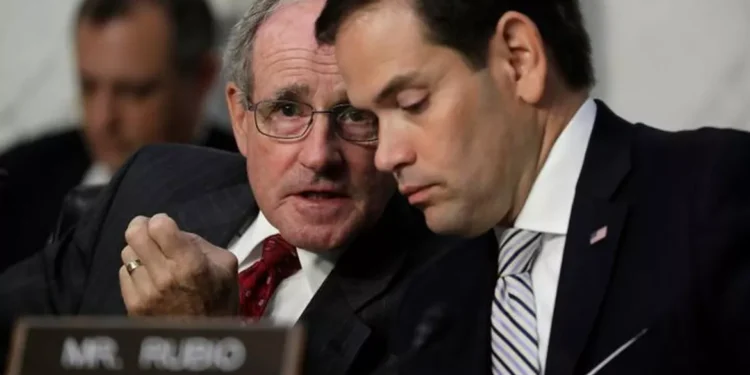 Sen. Jim Risch, R-Idaho, and Sen. Marco Rubio, R-Fla., confer on Capitol Hill in Washington, Thursday, June 8, 2017. (AP)