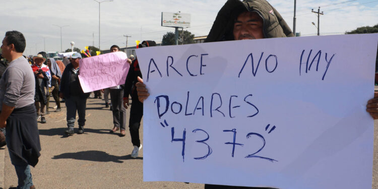 AME7597. SANTA CRUZ (BOLIVIA), 20/05/2024.- Transportistas protestan contra el gobierno boliviano por la escasez de dólares en el país este lunes, en Santa Cruz (Bolivia). Comerciantes y transportistas de carga internacional cumplen este lunes en Bolivia medidas de presión como marchas callejeras y bloqueos de carreteras para reclamar al Gobierno de Luis Arce por la persistente escasez de dólares en el país. EFE/Juan Carlos Torrejón