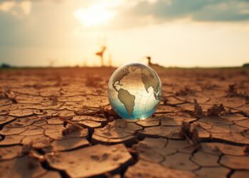 fragile planet over dry cracked agricultural field due to drought. generated ia