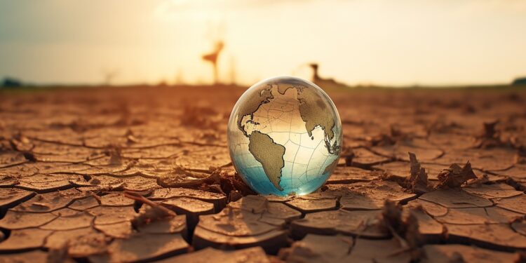 fragile planet over dry cracked agricultural field due to drought. generated ia