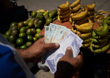 Un vendedor cuenta billetes de bolívar en el mercado de Quinta Crespo en Caracas, en una fotografía de archivo. EFE/Rayner Peña R.